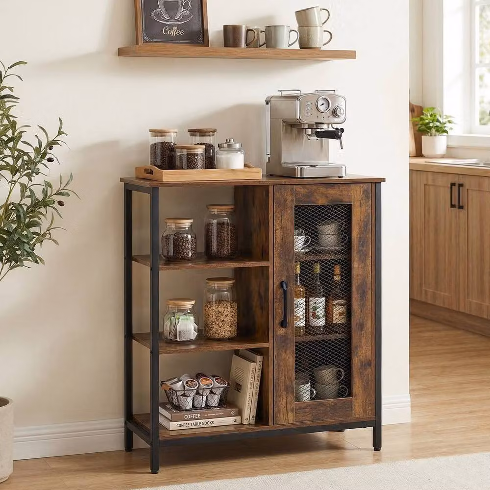 EONLION Modern Coffee Bar Cabinet in Brown with Adjustable Shelves – 4