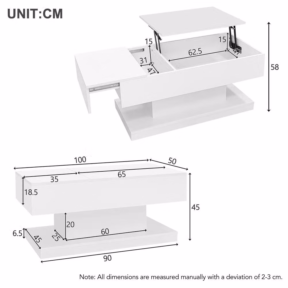 STILVORA Modern White Glossy Lift Top Coffee Table with Storage and Metal Accents – 3