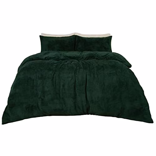 OHS Thermal Soft Teddy Fleece Duvet Cover and Pillowcase Set, Green, Duvet Cover: 200 x 200 cm, Pillowcases: 50 x 75 cm – 1