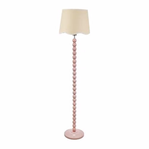 ValueLights Rose Pink Bobbin Stem Floor Lamp with White Trim Scallop Fabric Shade – 1