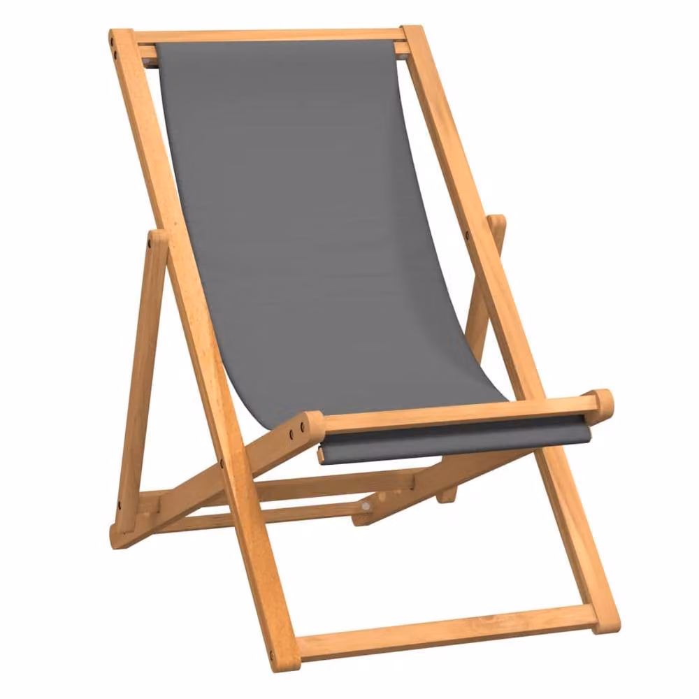 Berkfield Home Folding Beach Chair in Grey Solid Teak Wood with Adjustable Headrest – 2