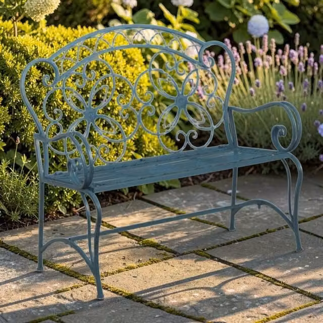 Minster Vintage Garden Bench in Blue with Gold Accents, W/D/H: 103 x 46 x 111 cm