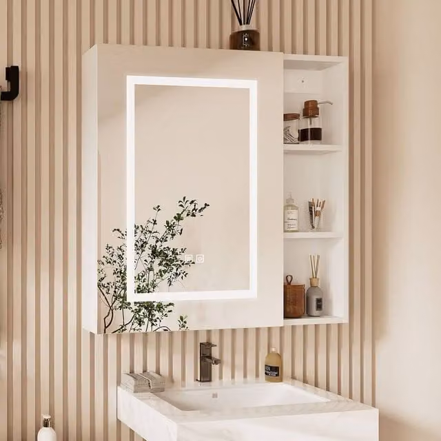 KEEPREAPER White Modern Wall Mounted Bathroom Cabinet with 3-Colour LED Lighting, Anti-Fog Demister and Sensor Switch, W/H: 70 x 70 cm – 1