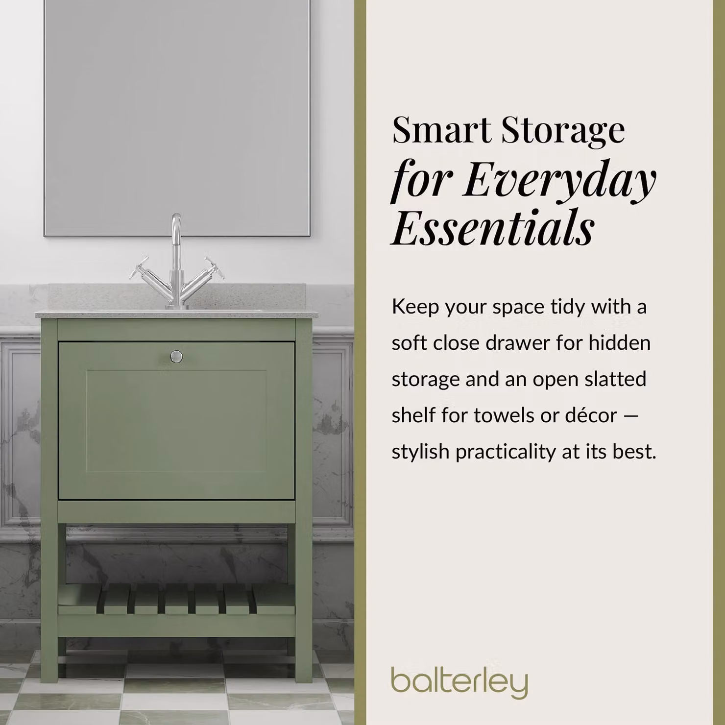 Balterley Bathroom 1 Soft Close Drawer Floor Vanity Unit Basin with Basin, Green, Width: 62 cm – 3
