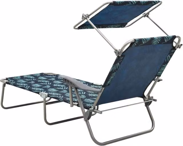 Berkfield Home Sun Lounger with Canopy in Navy Blue Steel with Floral Print W/D/H: 120 x 71.5 x 108.5 cm – 1