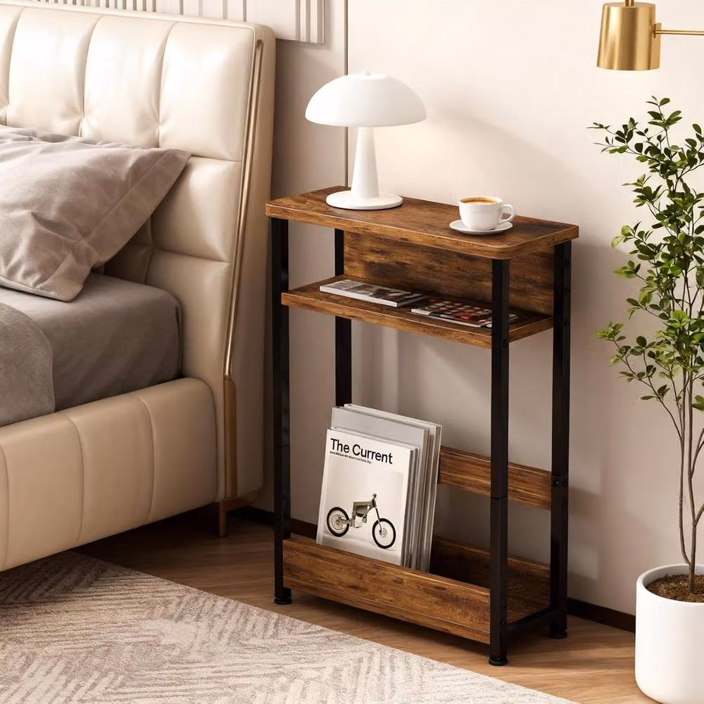 London Boutique 3-Tier Narrow Side Table with Magazine Rack in Brown and Black – 5