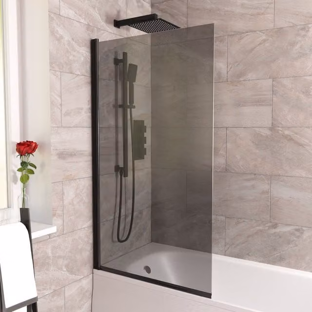 Nes Home Reversible Square Hinged Bath Screen with Matt Black Profile and Grey Tinted Glass, W: 80 cm, H: 140 cm – 1