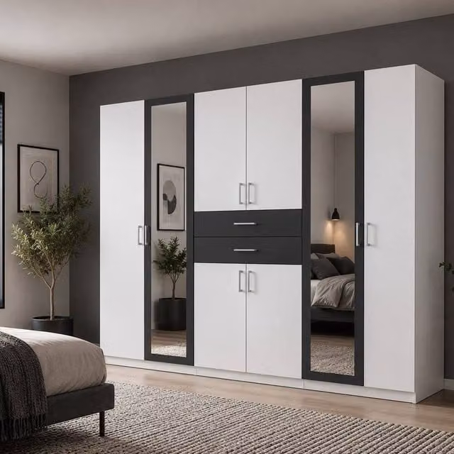 KDMD Greenwich Modern 6 Door Mirrored Wardrobe in White and Grey, H 270 cm x W 270 cm x D 58 cm – 1