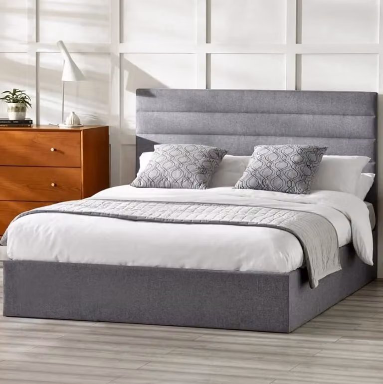 Julian Bowen Merida Double Ottoman Bed in Grey Fabric with Lift Up Base, W/D/H: 140 x 200 cm