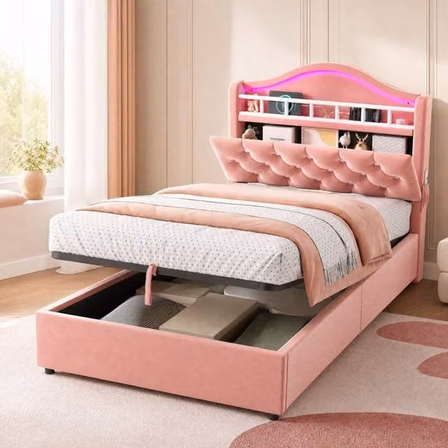 STILVORA Pink Velvet Upholstered Single Bed Frame with Lift Up Storage Base, W/D/H: 90 x 190 cm – 1