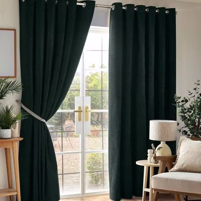 Livinluxury Green Chenille Blackout Eyelet Curtains