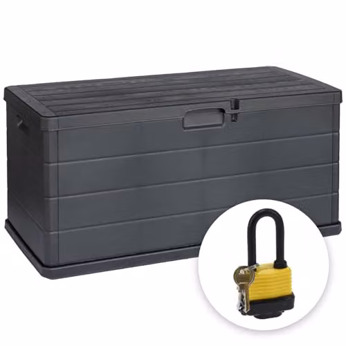 idooka Plastic Garden Storage Box in Grey with Faux Wood Panelling Design – 1