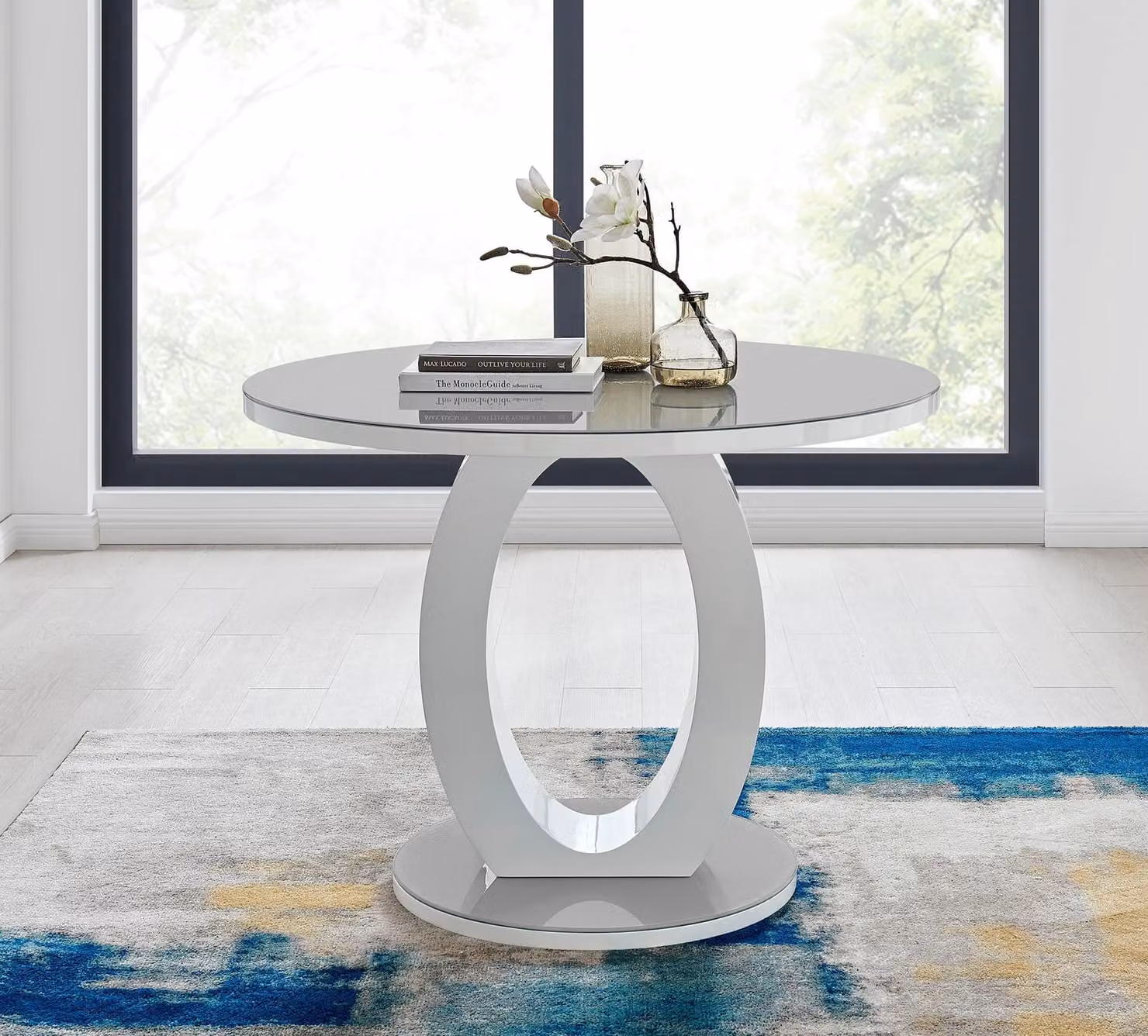 FurnitureboxUK Giovani Round 4 Seat Dining Set with Grey Glass Top White High Gloss Halo Base Table and 4 Black Soft Velvet Pesaro Chairs with Silver Legs, Diameter: 100 cm – 2