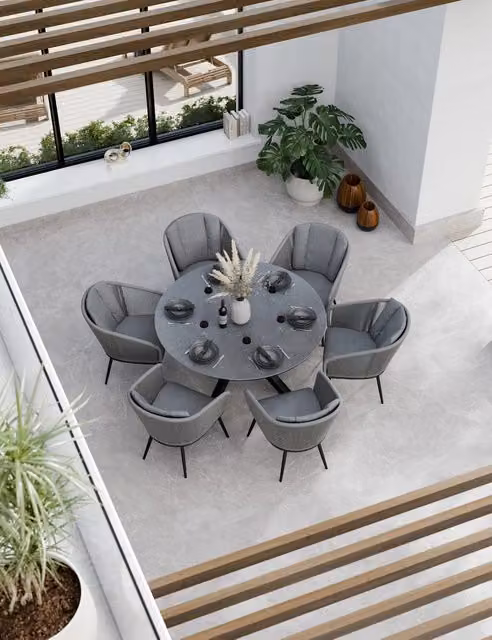 Royalcraft Aspen 6 Seater Round Garden Table and Chairs Set in Matt Grey Mix with Ceramic Top and Powder Coated Aluminium Frame