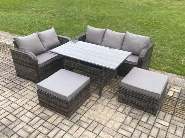 Fimous Dark Grey Wicker Rattan Outdoor Garden Furniture Set with Rectangular Dining Table, Lounge Sofa and 2 Footstools