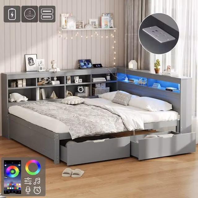 Rolipo Grey Double Bed with LED Lights, Storage Drawers and USB Charging Station, W/D/H: 140 x 200 cm
