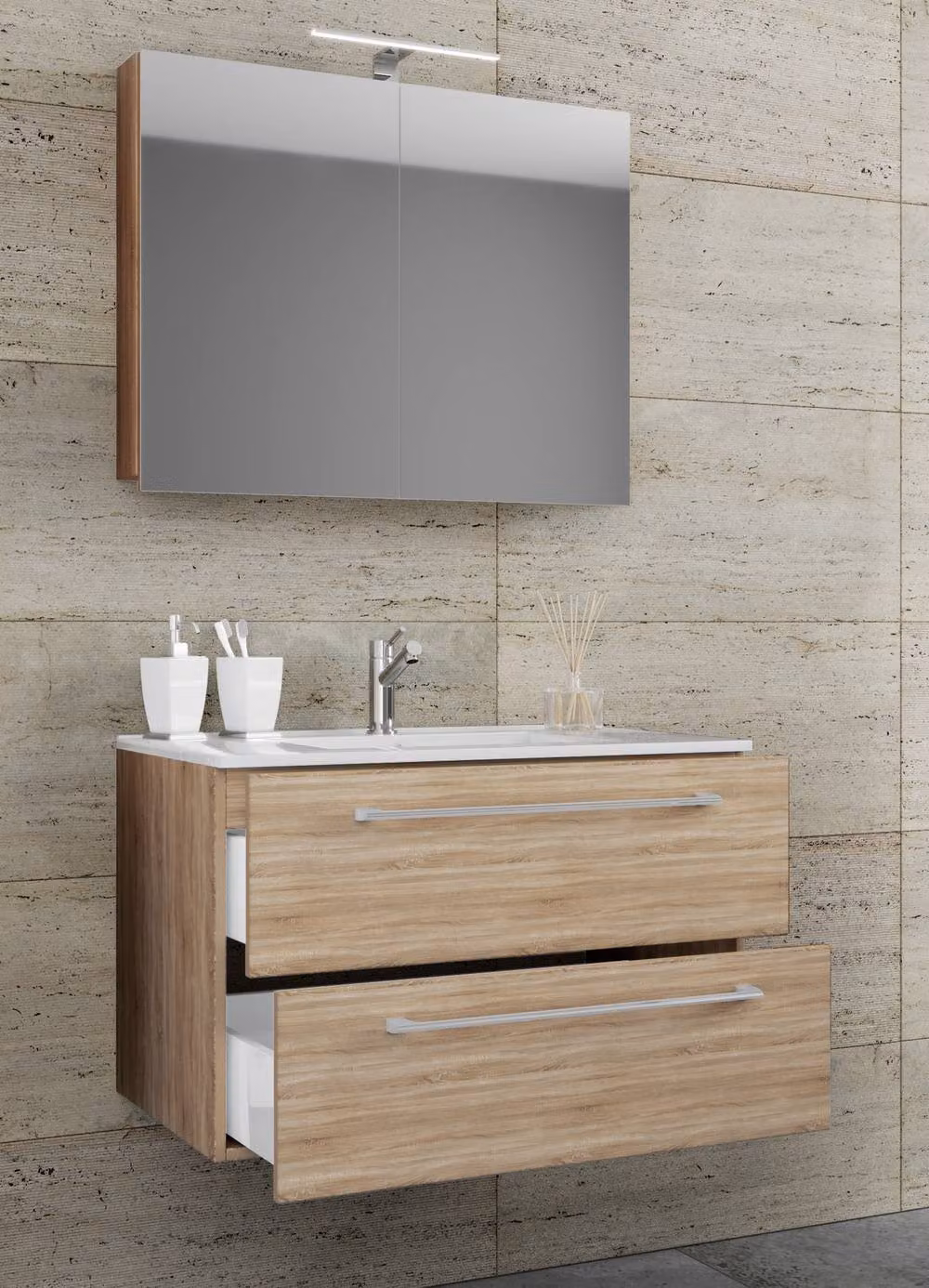 VCM Badinos SC 3-Piece Modern Bathroom Set in Sand with Vanity Unit, Mirror Cabinet and LED Lighting – 2