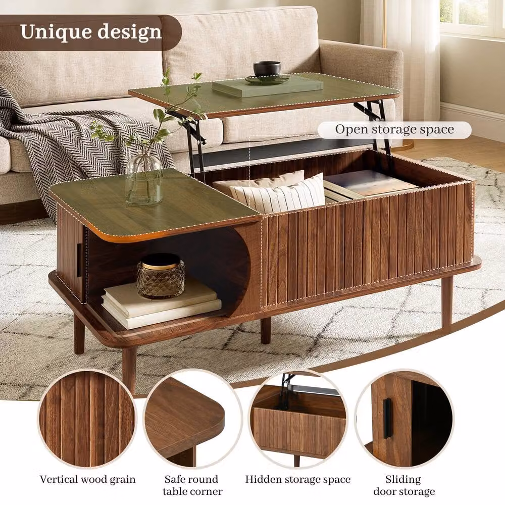 Merax Modern Lift Top Coffee Table with Sliding Door Storage in Walnut Brown, W: 100 cm, D: 60 cm, H: 48 cm – 4