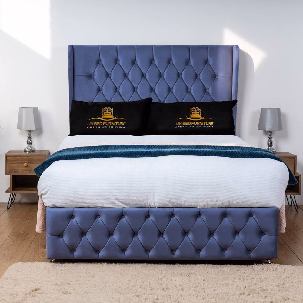 Luxor Living Luxor Wingback Divan Bed with 54 Inch Headboard and 2 Foot End Drawers in Blue Velvet, Size: 140 x 200 cm – 2