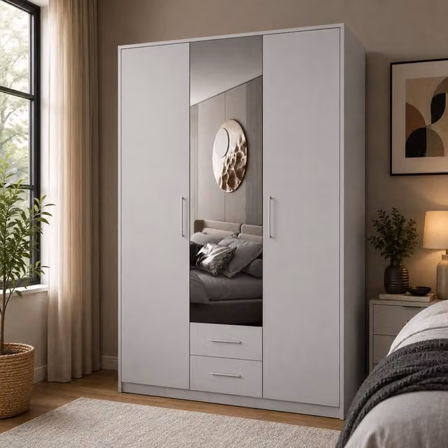 Swindon Matt White 3 Door Wardrobe with Mirror and 2 Integrated Drawers, Width: 135 cm