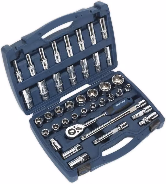 Loops 41pc Premium Deep Socket and Ratchet Handle Set, 1/2 inch Square Drive, 6 Point Metric, Silver and Multicolour