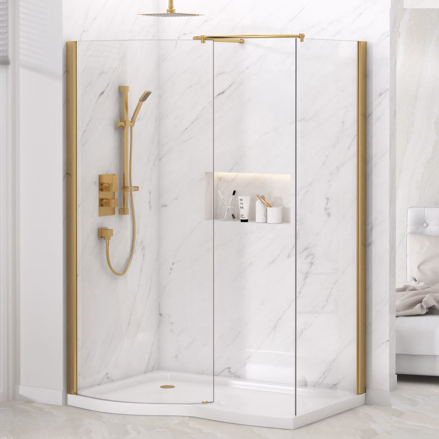 Royal Bathrooms Milan Curved Walk In Enclosure with LH Tray, 8mm Clear Glass, Brushed Brass Gold, W: 140 cm, D: 90 cm