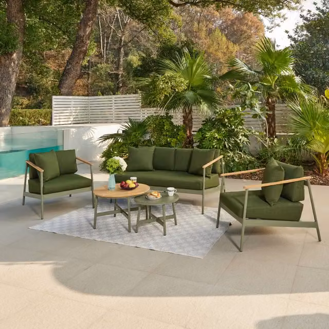 Porta Aluminium Garden Conversation Set in Green and Grey with Teak Wood Accents