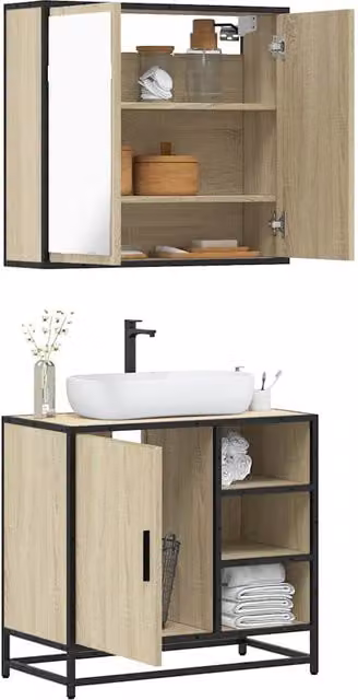 Berkfield Home 2 Piece Industrial Bathroom Furniture Set in Brown Sonoma Oak with Vanity Unit and Mirror Cabinet