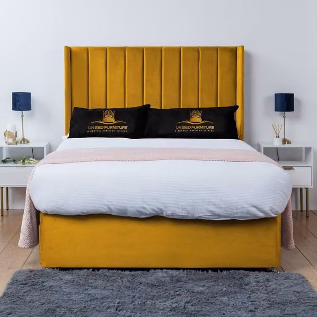UK Bed Furniture Bella Wingback Divan Bed Base with 54 Inch Headboard in Yellow Velvet, Double, W/D/H: 140 x 200 cm