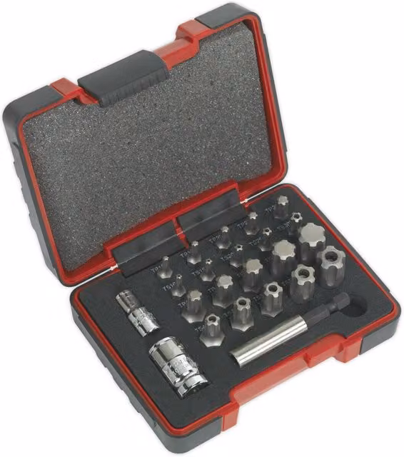 Loops TRX Star Security Socket Bit Set, 23 Piece Steel Set with 1/4" and 3/8" Square Drive, T10 to T60, Silver and Multicolour – 1