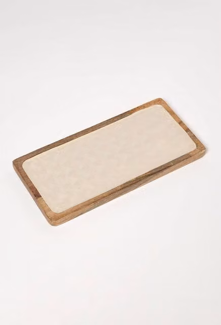Homescapes Capiz Style Rectangular Enamel and Mango Wood Serving Tray in Beige – 1