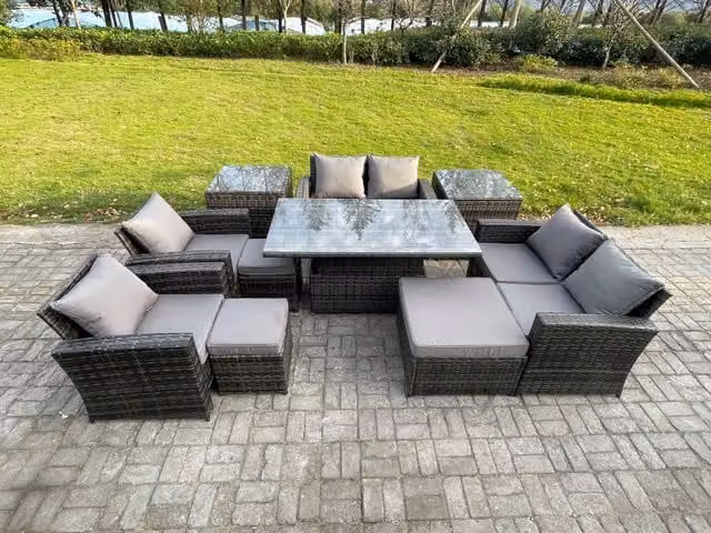 Fimous 10-Piece Outdoor Garden Furniture Set in Dark Grey Wicker Rattan with Dining Table, Sofa, 3 Footstools and 2 Side Tables