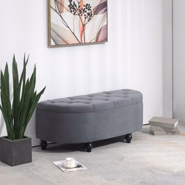 HOMCOM Tufted Upholstered Storage Ottoman Bench in Grey Velvet