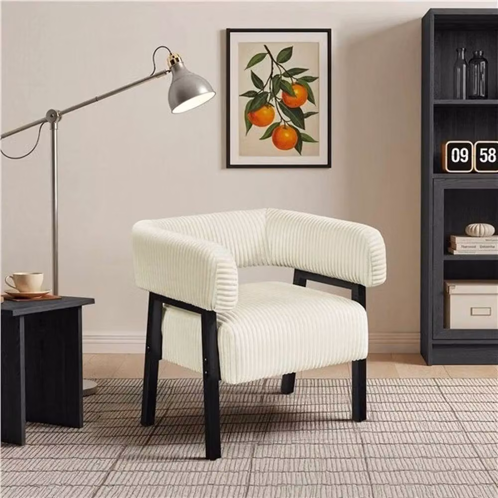 KORVIXA Upholstered Corduroy Barrel Accent Chair in White, W/D/H: 100 x 100 x 69 cm – 2