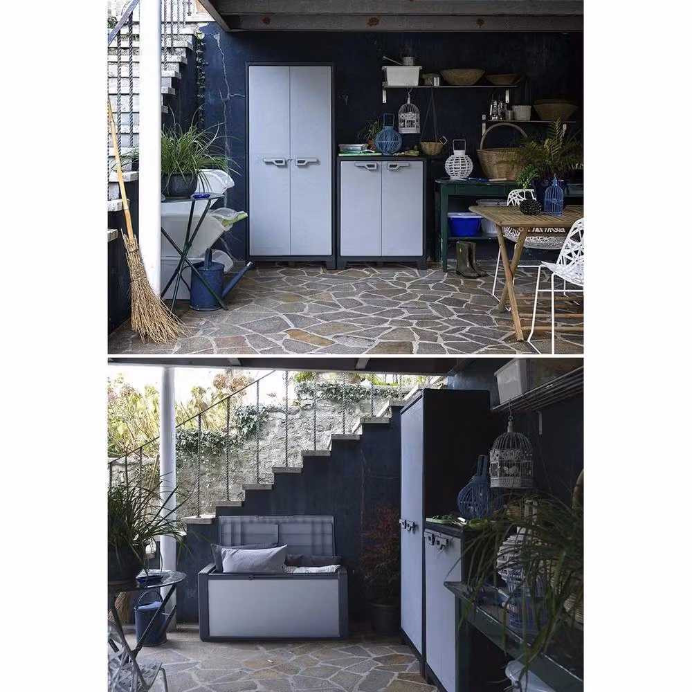 FORGEVIO Grey Plastic Outdoor Garden Storage Cabinet with Hinged Doors and Internal Shelves – 3