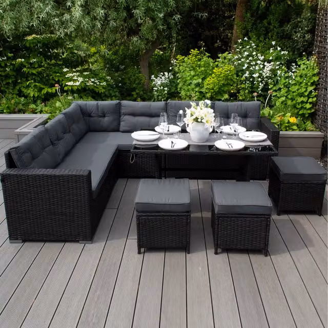 Jardi Modern Rattan Corner Set with Cushion Storage Box in Black and Grey