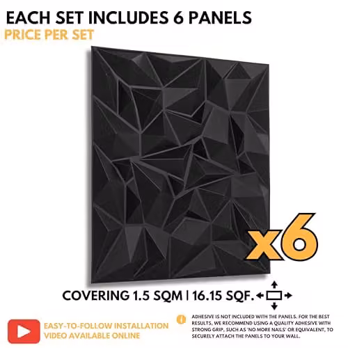 Novecrafto Diamond Prestige Effect 3D Wall Panels, 6 Sheets, Matt Black – 10