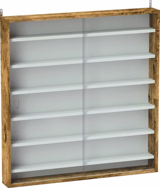 HOMCOM 7-Tier Wall Mounted Display Shelf Unit with Glass Doors and 6 Adjustable Shelves, Rustic Brown, W: 80 cm, H: 83 cm