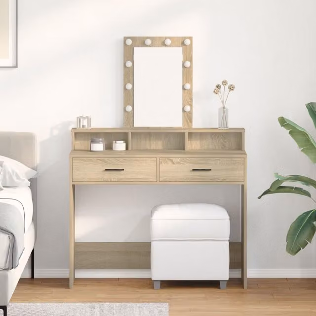 Berkfield Home Sonoma Oak Dressing Table with Hollywood LED Lights in Brown, W: 100 cm, D: 41 cm, H: 140 cm