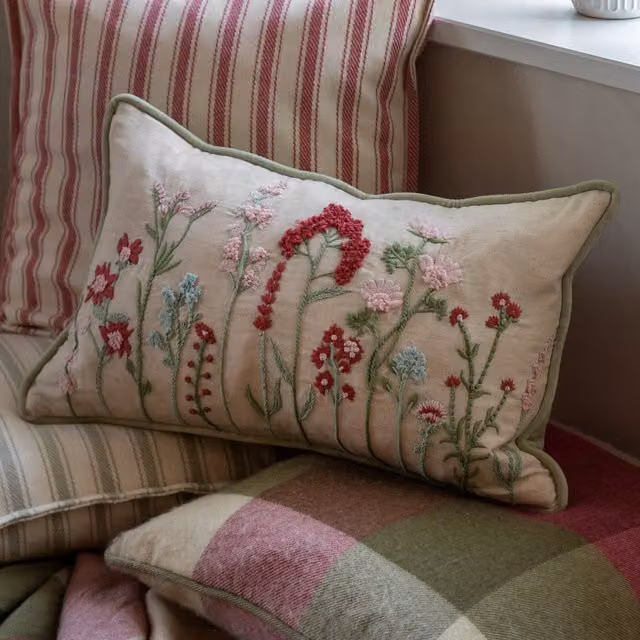 Terrys Penrith Meadow Floral Velvet Feather Filled Boudoir Cushion, Beige, W: 50 cm, H: 30 cm, D: 30 cm