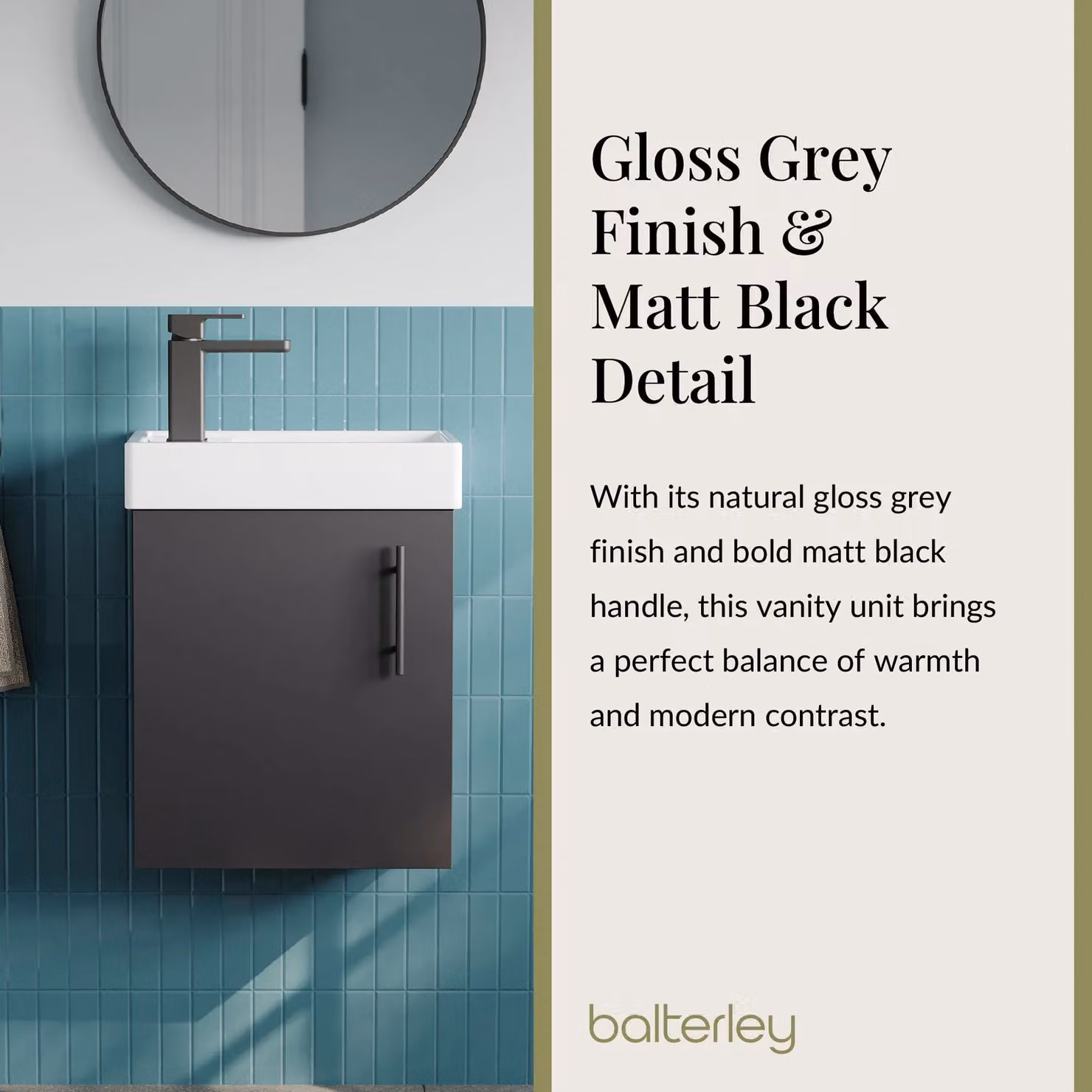 Balterley Wall Mounted Gloss Grey Vanity Basin with Matt Black Handle, Width: 40 cm – 4