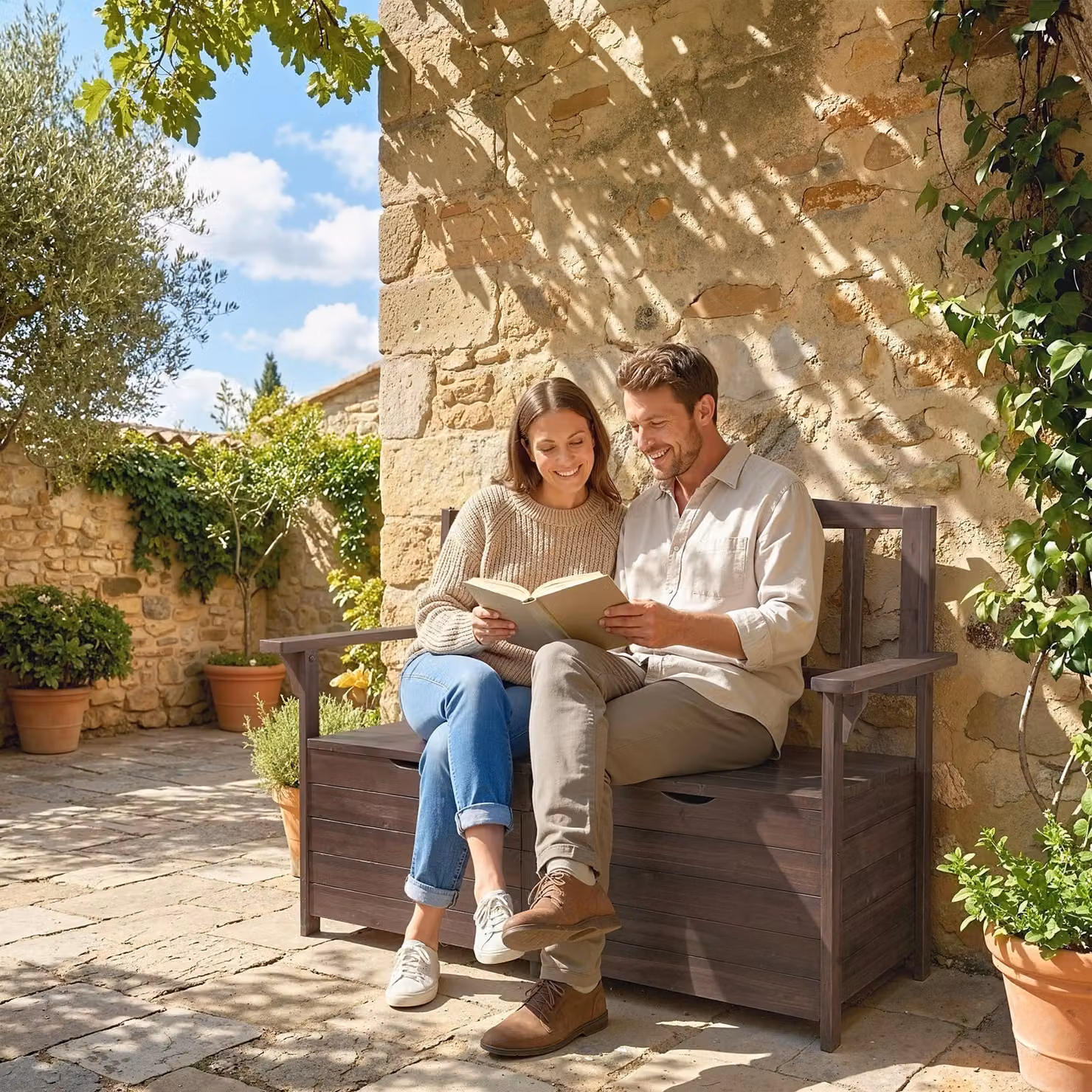 Outsunny 2 Seater Wooden Garden Bench with Storage and Armrests, Brown, W: 112 cm, D: 84 cm, H: 58 cm – 2