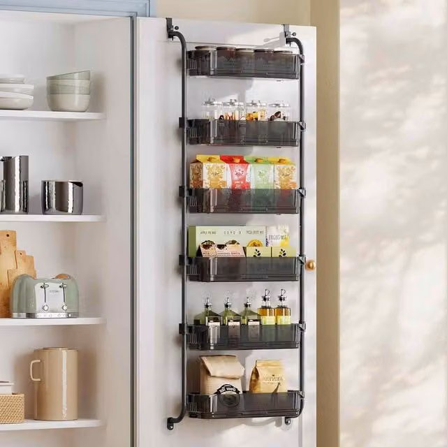 The Bazaarist Over Door Pantry Organiser with 6 Adjustable Baskets, Black and Transparent Black