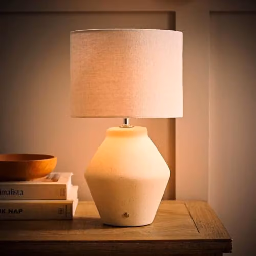 ValueLights Finn Rechargeable Ceramic Table Lamp with Beige Linen Shade – 2