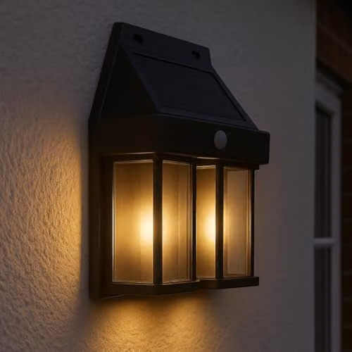 GardenKraft 11239 Solar Wall Light with Motion Sensor and Dual Brightness Levels in Black with Warm White LEDs