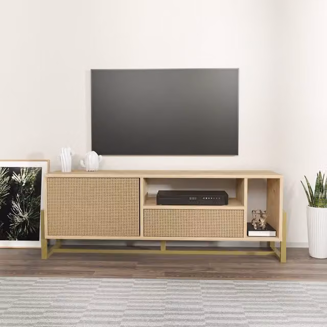 Decorotika Utopia Modern TV Unit and Stand in Gold and Rattan Pattern