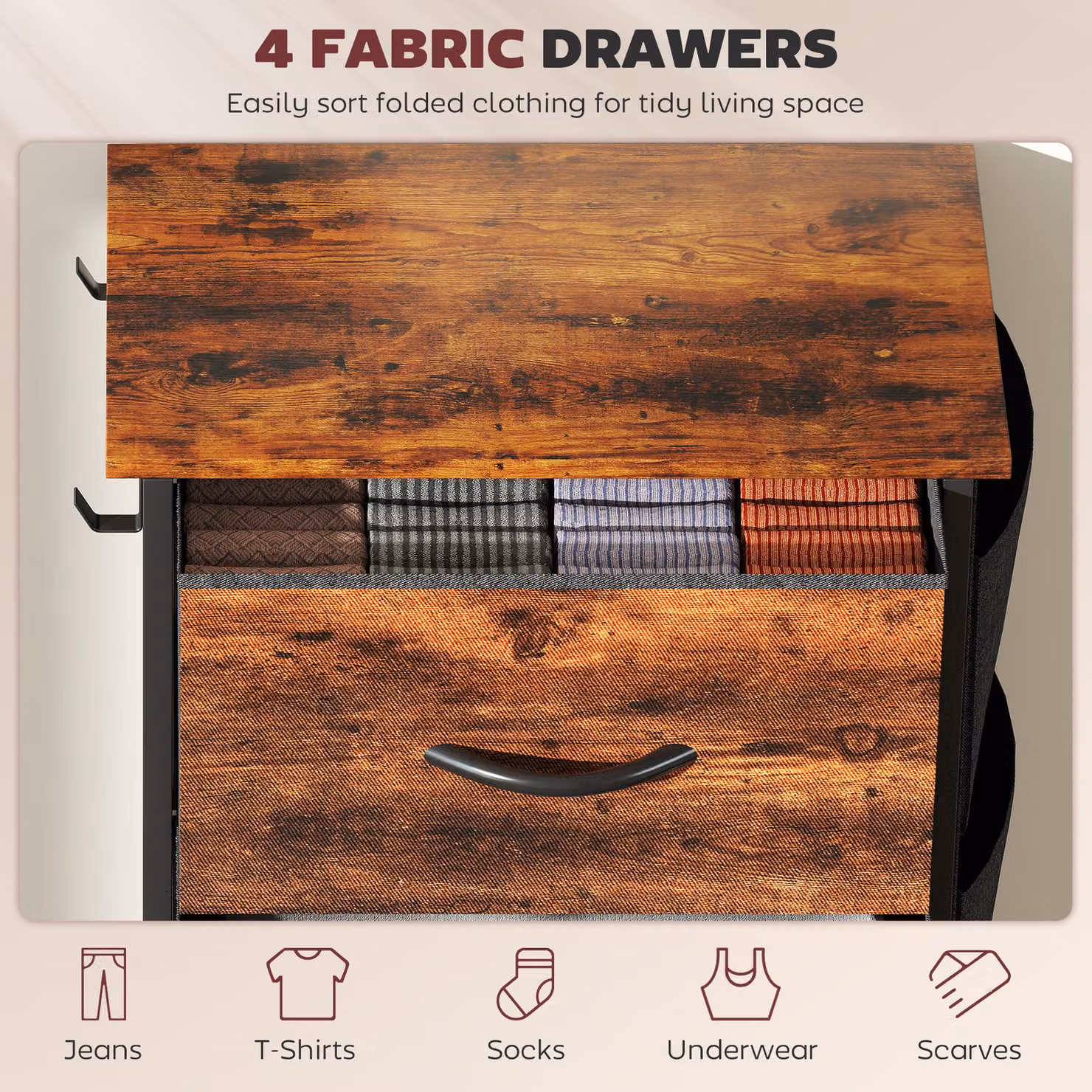 HOMCOM Chest of Four Fabric Drawers in Rustic Brown with Metal Frame – 4