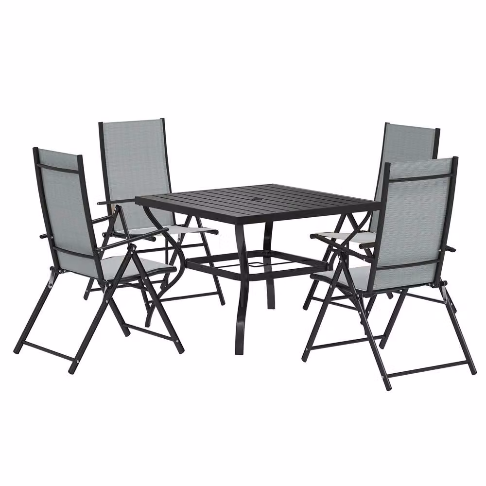 STILVORA Modern Grey Outdoor Dining Set with Square Powder Coated Steel Table and Folding Chairs – 3
