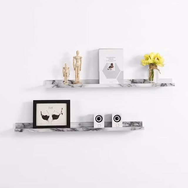 SPOT ON DEALZ Set of 2 White Marble Effect Floating Picture Ledge Shelves, W: 80 cm, D: 10 cm – 1