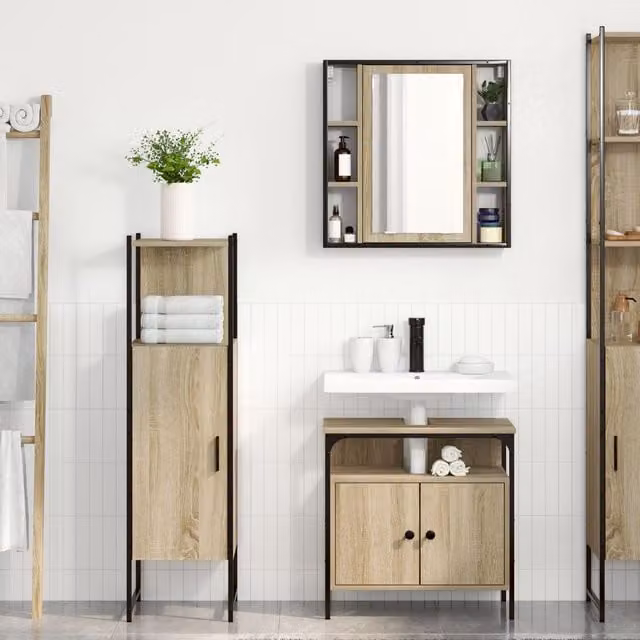 Berkfield Home 3 Piece Modern Bathroom Furniture Set in Beige Sonoma Oak Engineered Wood – 1
